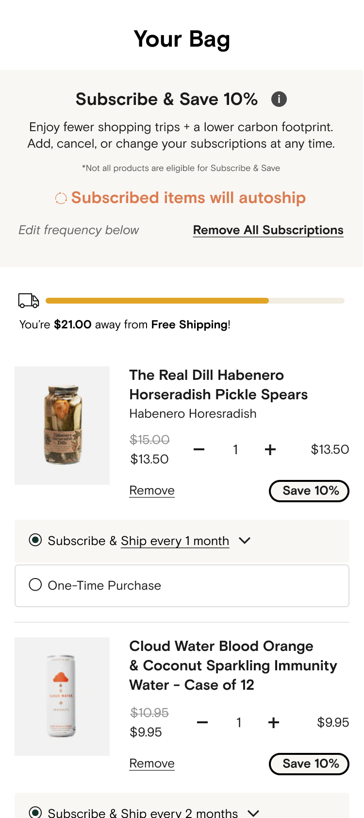 Cart after Subscribe All Items is selected