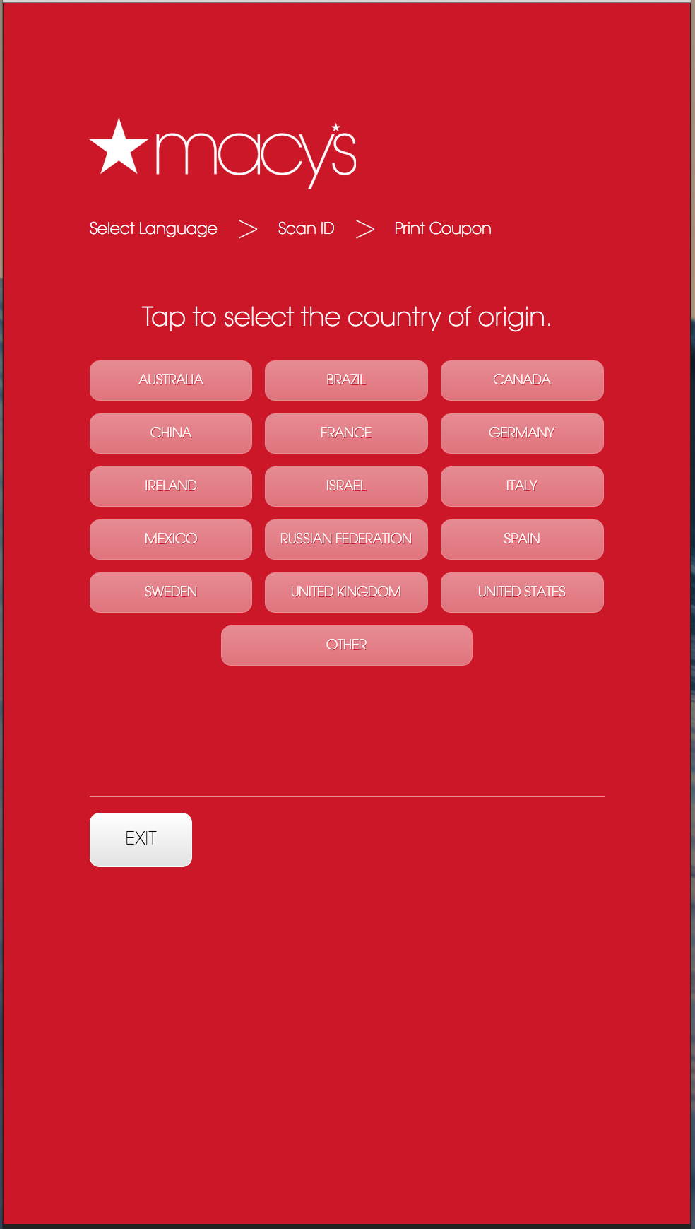 Macy’s kiosk questionnaire screen